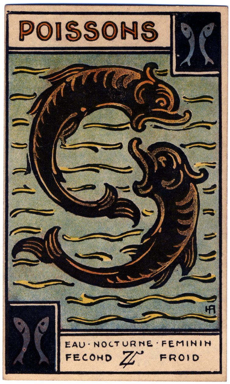 Paranormální. Astrologie. Ryby (ryby). Astrologická karta od: Le Tarot Astrologique (Astrologický tarot), Georges Muchery, Francie od Unbekannter Künstler
