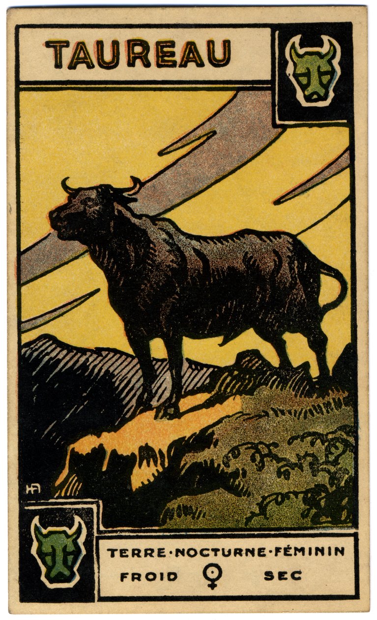 Paranormální. Astrologie. Býk (býk). Astrologická karta od: Le Tarot Astrologique (Astrologický tarot), Georges Muchery, Francie od Unbekannter Künstler