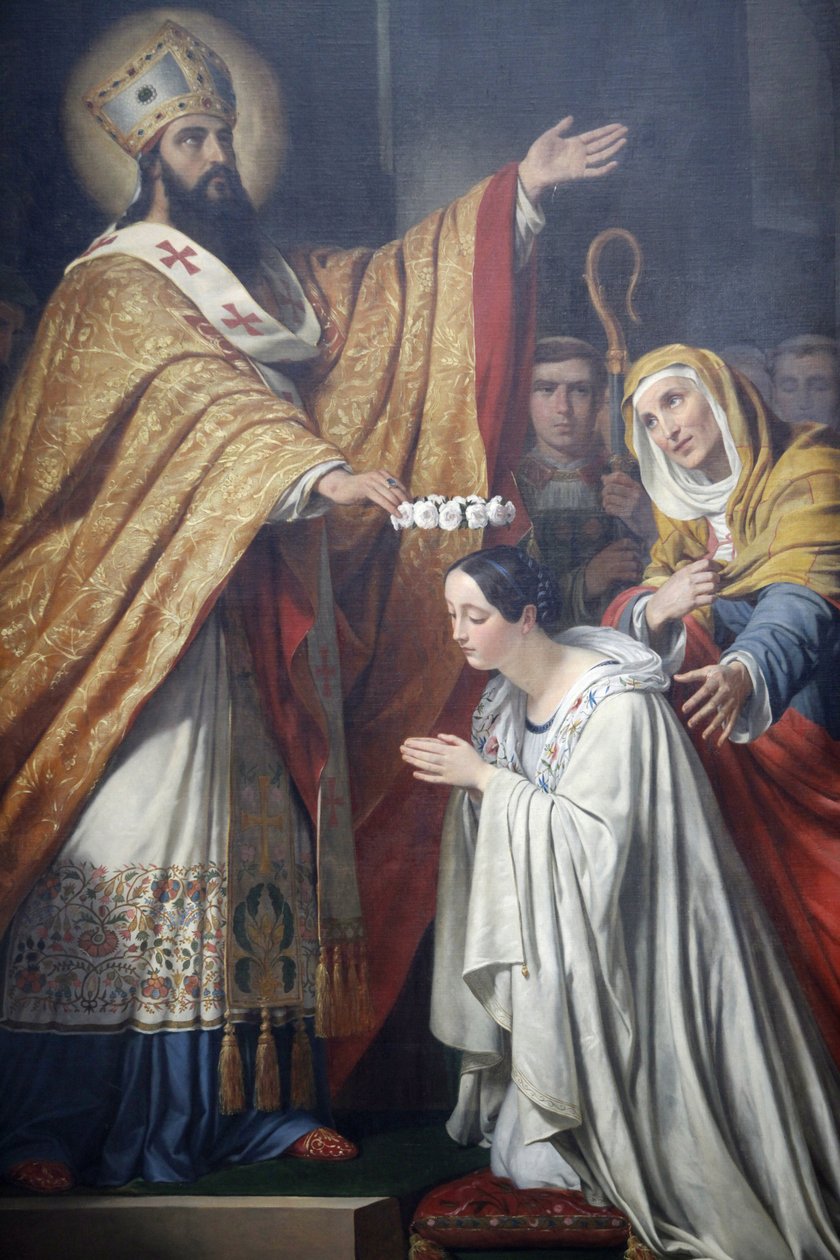 Paříž, Francie Kostel Saint-Medard Svatý Medard korunující mladou ctnostnou dívku od Louise Dupreho (1837), Paříž, Francie od Unbekannt
