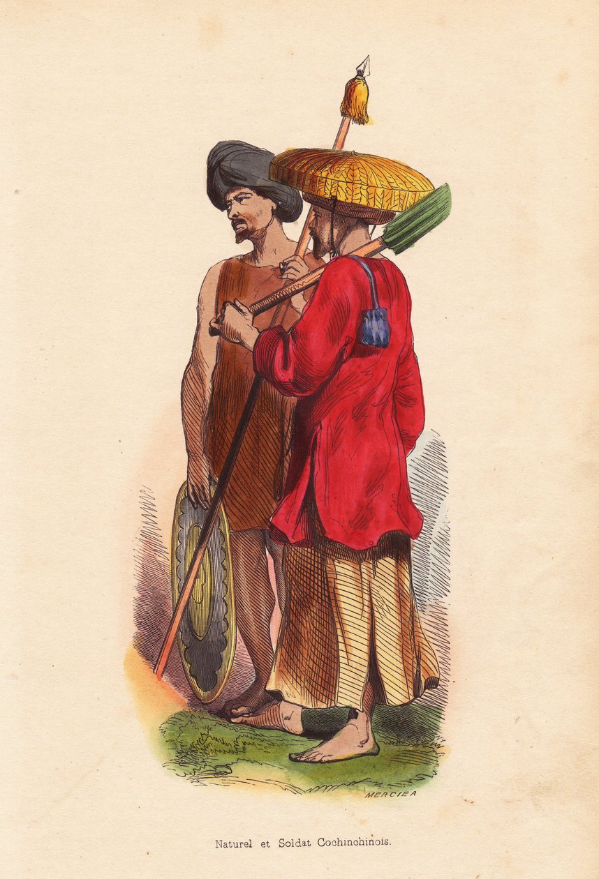 Peasant et soldat Cochinchinois (Vietnam) - Muži z Vietnamu (Cochinchine): voják s turbanem, štítem a kopím a zemědělec se slaměným kloboukem, tunikou a lopatou - Mercierův ručně kolorovaný dřevoryt z knihy "Moeurs, Uses et Costumes de tous les Peuples du  od Unbekannter Künstler