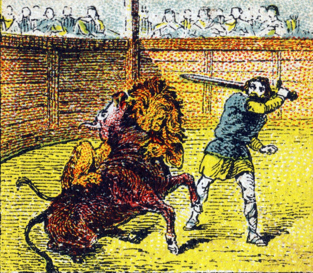 Pepin Le Brief sestupuje do arény, aby sestřelil lva, který právě skočil býkovi na krk. Gravírování v „Histoire de France". Série reklamních obrázků zveřejněných jménem Louita, 24 rue d