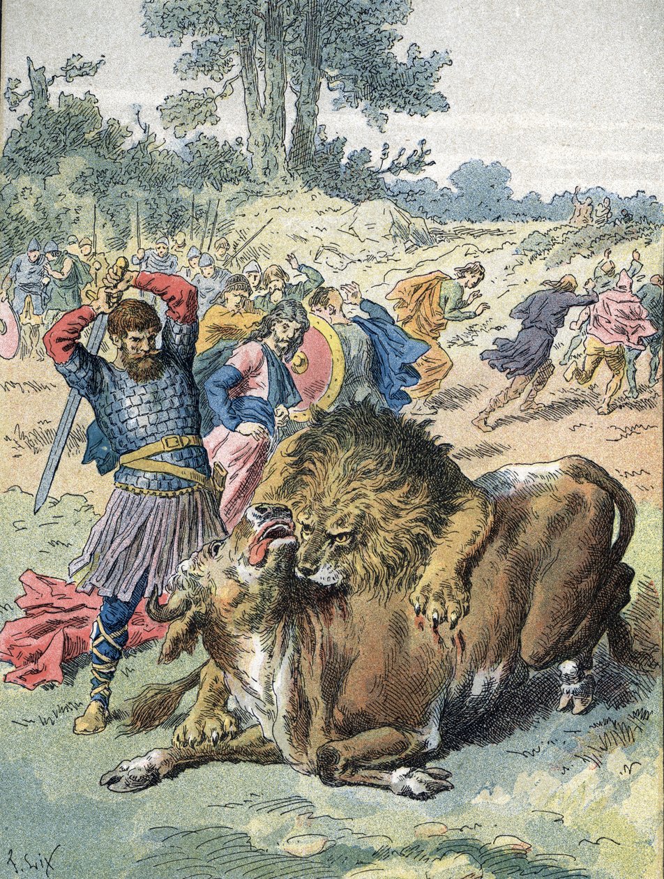Pepin The Brief bojuje se lvem a býkem na Champ de Mars, aby dokázal svou odvahu (751) od Unbekannter Künstler