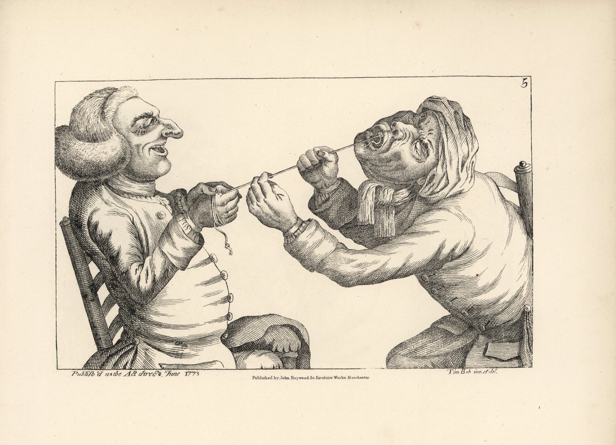 Lékař se směje při trhání zubu pacienta pomocí provázku. Mědirytina podle satirické ilustrace Timothyho Bobbina (Johna Colliera) (1708-1786) z knihy Human Passions Delineated, John Haywood, Manchester. od Unbekannter Künstler