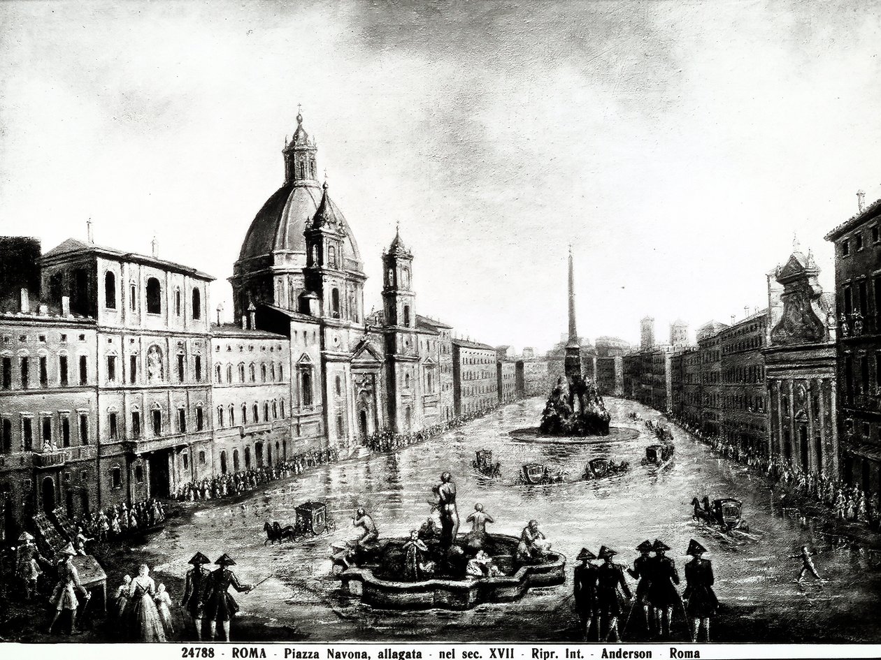 Piazza Navona v Římě, tisk domů ze 17. století v Římě od Unbekannt