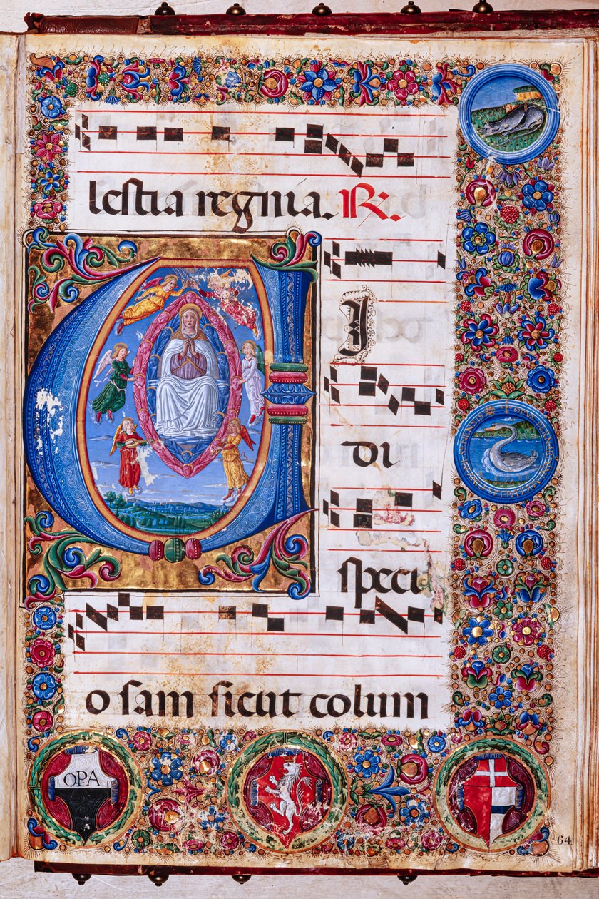 Piccolomini Library: Choir Book, cod. 15.Q., násl. 64r s „Nanebevzetí Panny Marie“, od Guidoccia Cozzarelliho a Bernardina Cignoniho. od Unbekannter Künstler