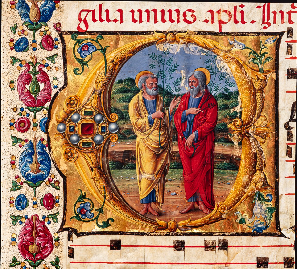 Knihovna Piccolomini: sborová kniha, treska. 16.1, násl. 2r s „Dva apoštoly“, Girolamo da Cremona. Detail. od Unbekannter Künstler
