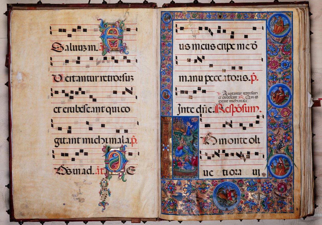 Knihovna Piccolomini: sborová kniha, treska. 8-H, ff. 1v-2r s „Kristem v zahradě Getsemanské“, od Bernardina Cignoniho. od Unbekannter Künstler