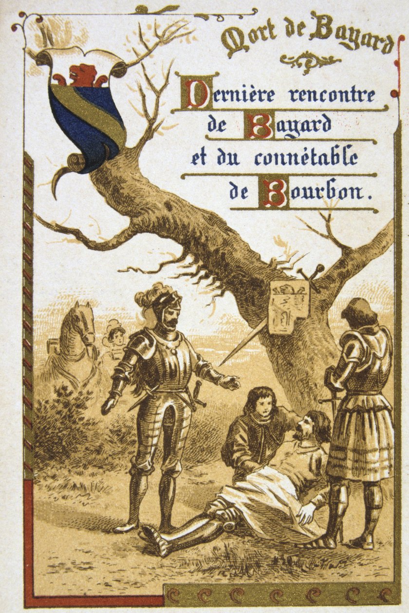 Pierre Terrail, Seigneur de Bayard (1475-1524) francouzský hrdina, "rytíř bez bázně a hany". 19. století (obchodní karta v chromolitografii) od Unbekannter Künstler