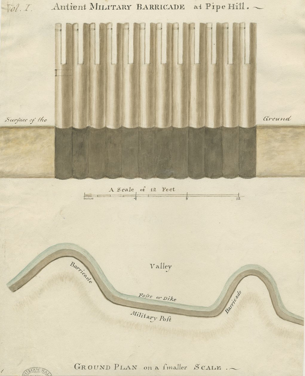Pipehill - Vojenská barikáda: kresba akvarelem, nd [1749-1823] od Unbekannt