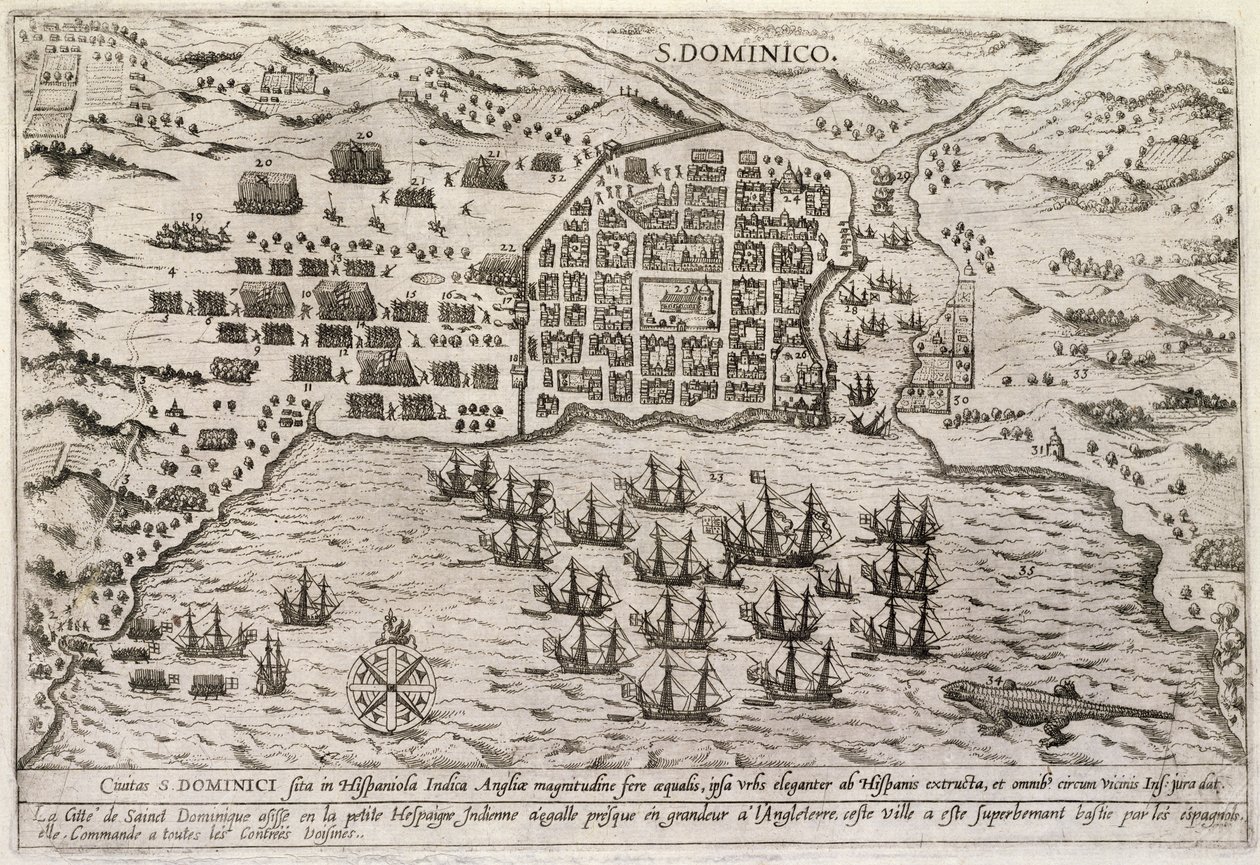 Plán Drakeova útoku na Santo Domingo, kolem roku 1595 (rytina) od Unbekannter Künstler