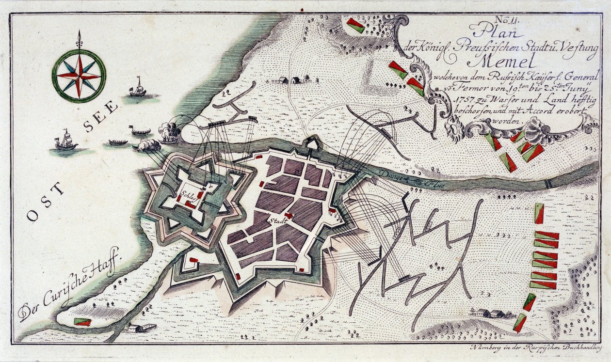Plán města Memel (dnešní Klaipeda, Litva) během kapitulace města, 27. června až 5. července 1757. Lept v barvách z roku 1764. od Unbekannter Künstler