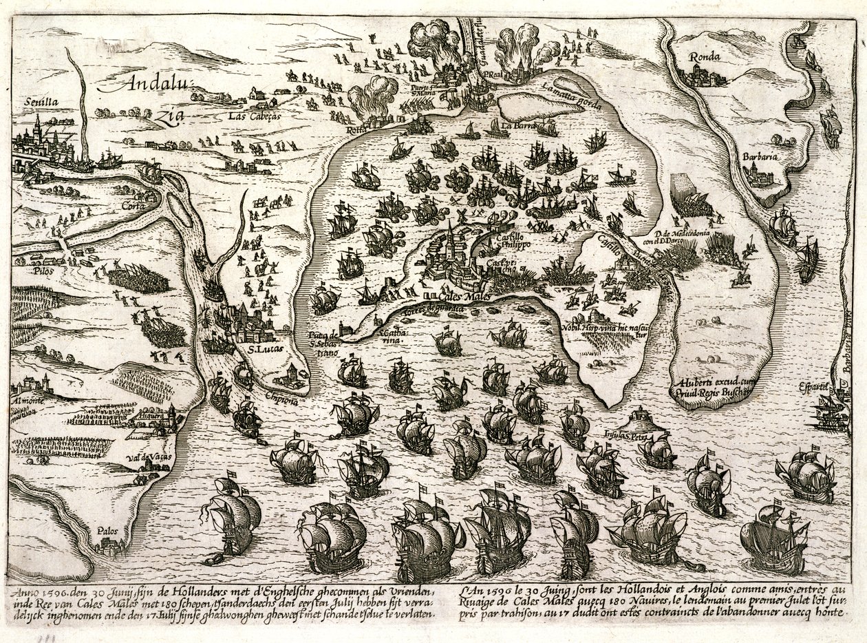 Plán přístavu Cádiz v roce 1596 v době útoku sira Waltera Raleigha (rytina) od Unbekannter Künstler