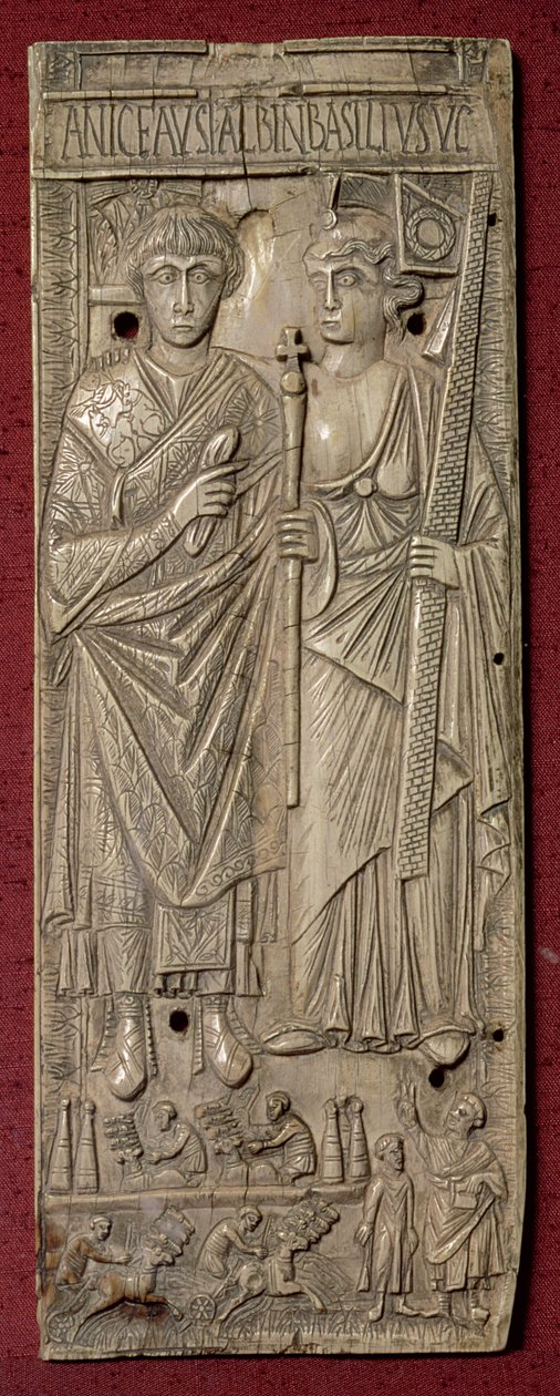 Plaketa zobrazující Basiliska, císaře Východu († 478) se závodem vozů dole, Řím, 480 n. l. (slonovina) od Unbekannt