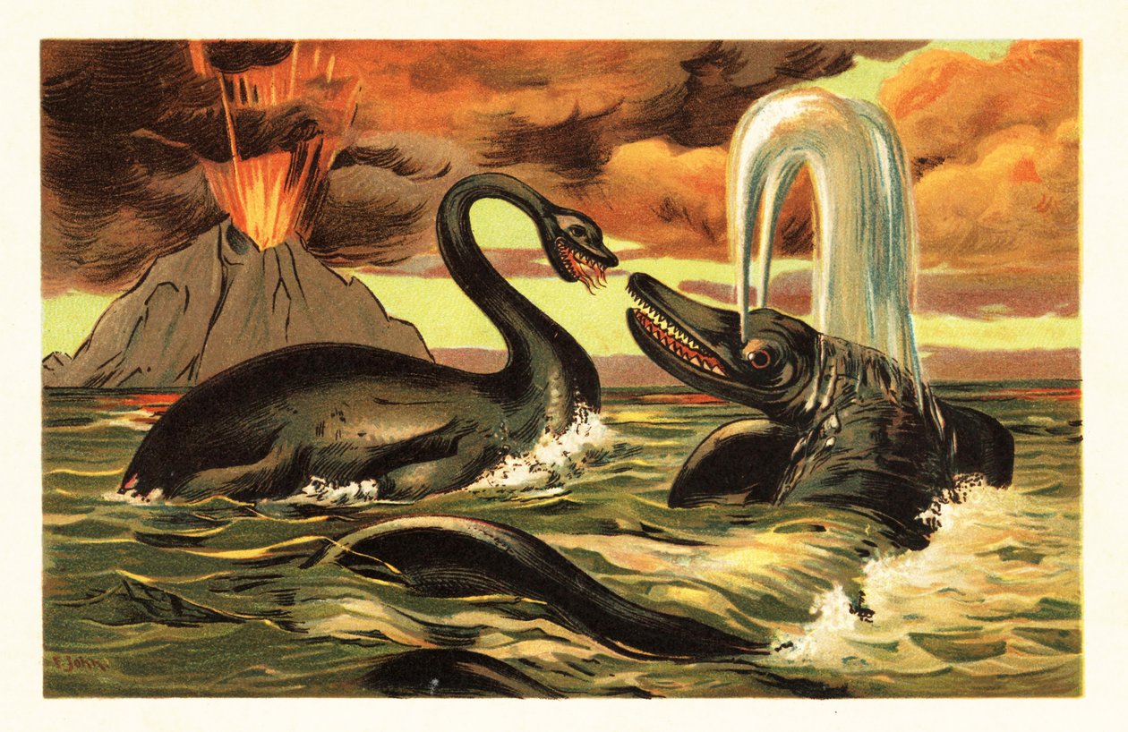 Plesiosaurus a Ichthyosaurus bojující před erupcí 1908 (litografie) od Unbekannter Künstler