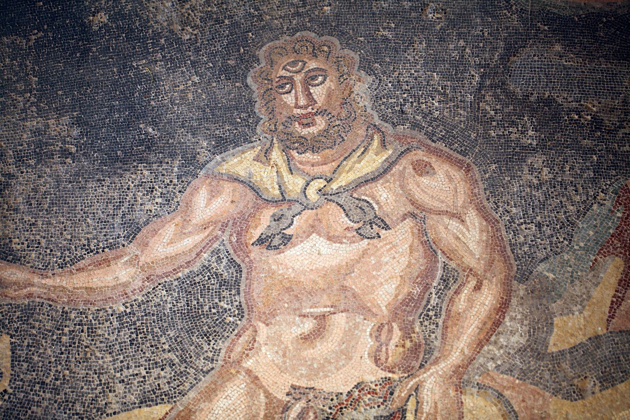 Polypheme Hall. Detail kyklopa požírajícího vnitřnosti kozy. 3. - 4. století. Římská vila Casale, Sicílie. památka UNESCO. od Unbekannt