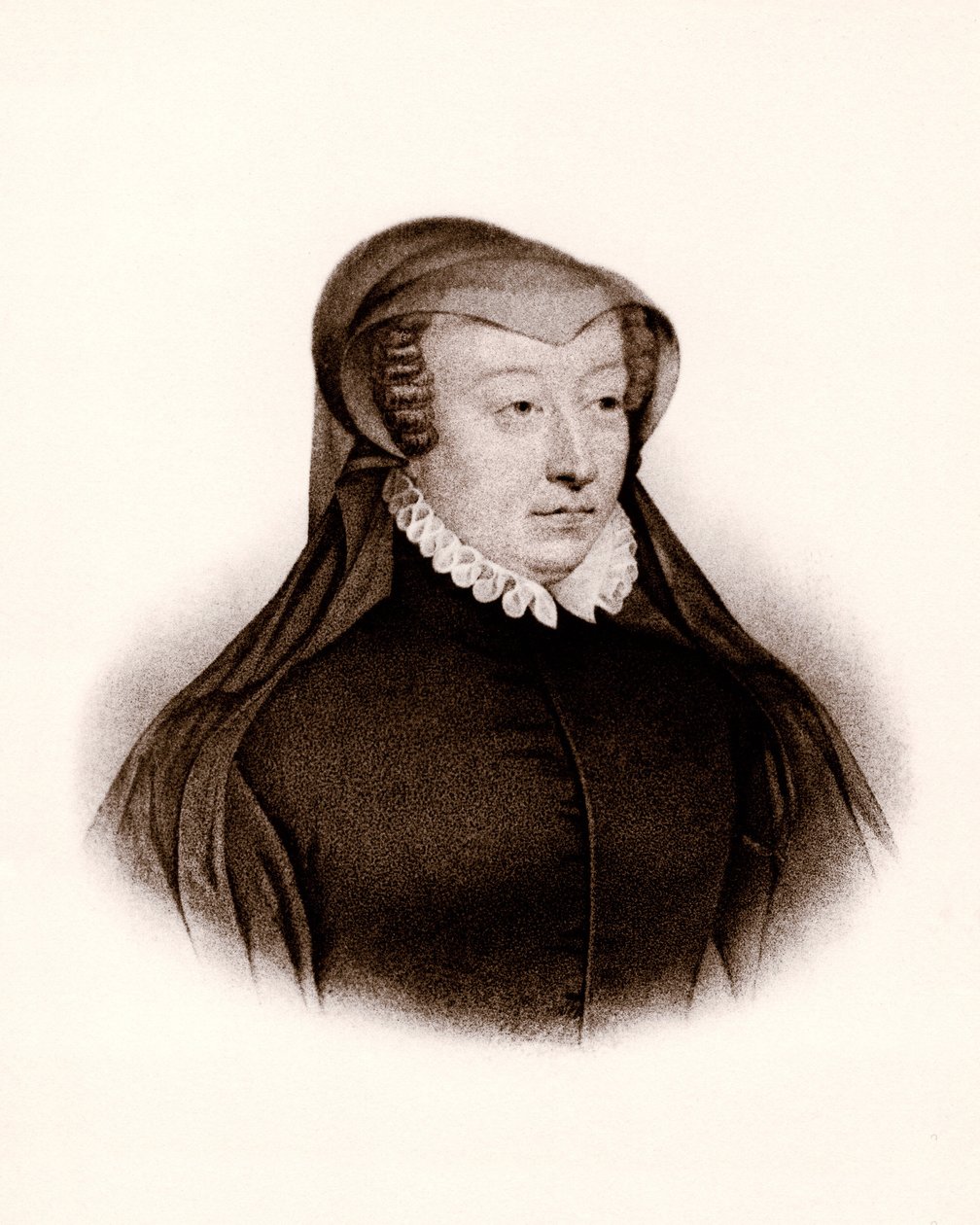 Portrét Kateřiny Medicejské (Caterina de Medici) (1519-1589). Francouzská královna, rytina z 19. století od Unbekannter Künstler