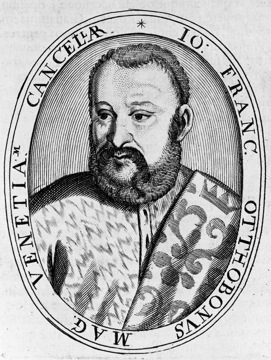 Portrét Francesca Ottoboniho (16. století), velkého kancléře Benátek, rytina od William M. Timlin