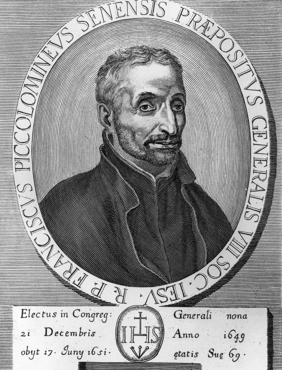 Portrét Francesca Piccolominiho (1582-1651), italského jezuity, byl generálním představeným Tovaryšstva Ježíšova v letech 1649 až 1651, rytina od William M. Timlin