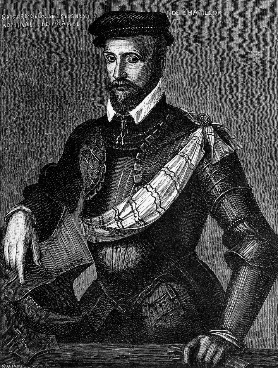 Portrét Gaspard de Coligny, Seigneur de Chatillon (1519-1572), francouzský šlechtic, admirál a hugenotský vůdce ve francouzských náboženských válkách, rytina od William M. Timlin