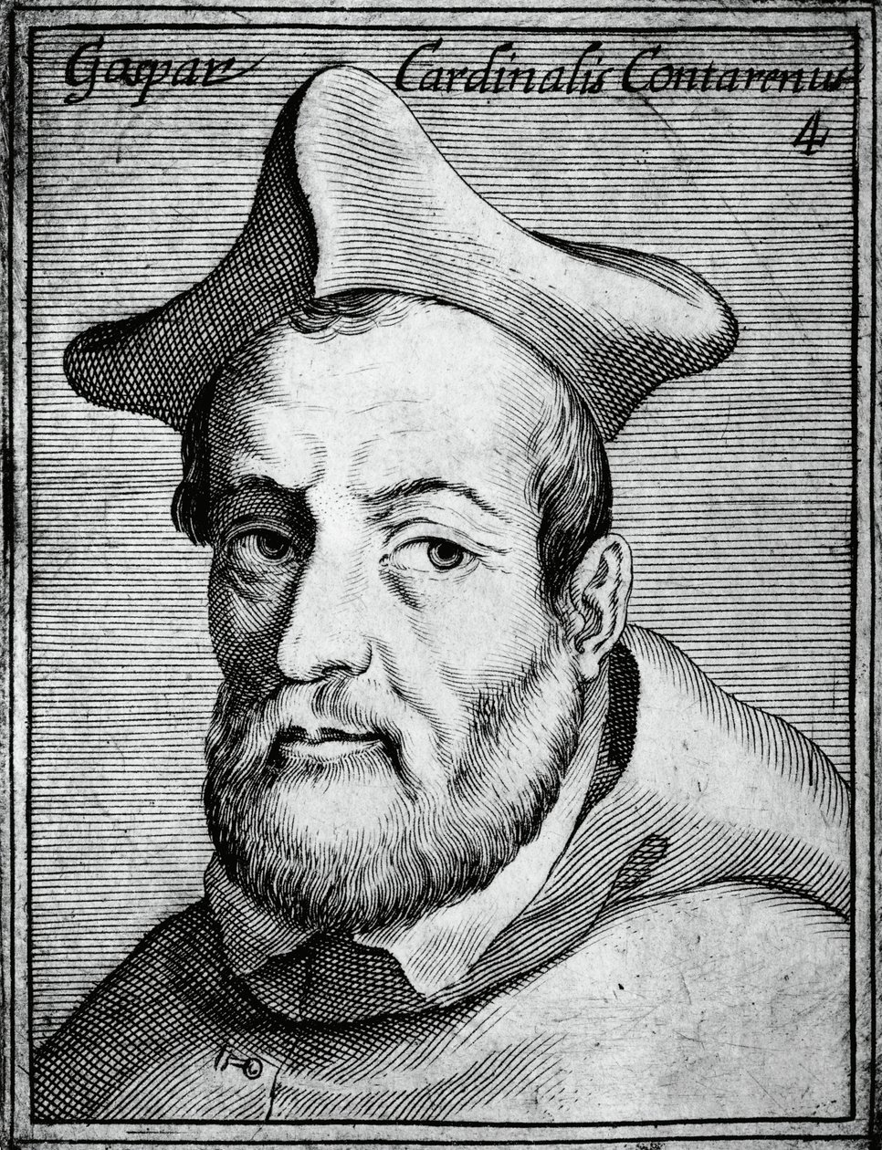 Portrét Gasparo Contarini (1483-1542), italský kardinál a biskup, rytina z nejproslulejších ikon všech ctností a věd, Claudius Pernetus od William M. Timlin