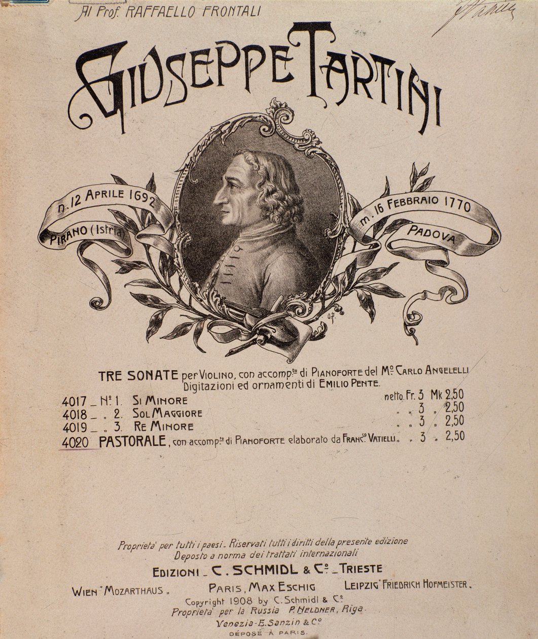 Portrét Giuseppe Tartiniho. Frontispis hudební partitury Sonáty od Unbekannter Künstler