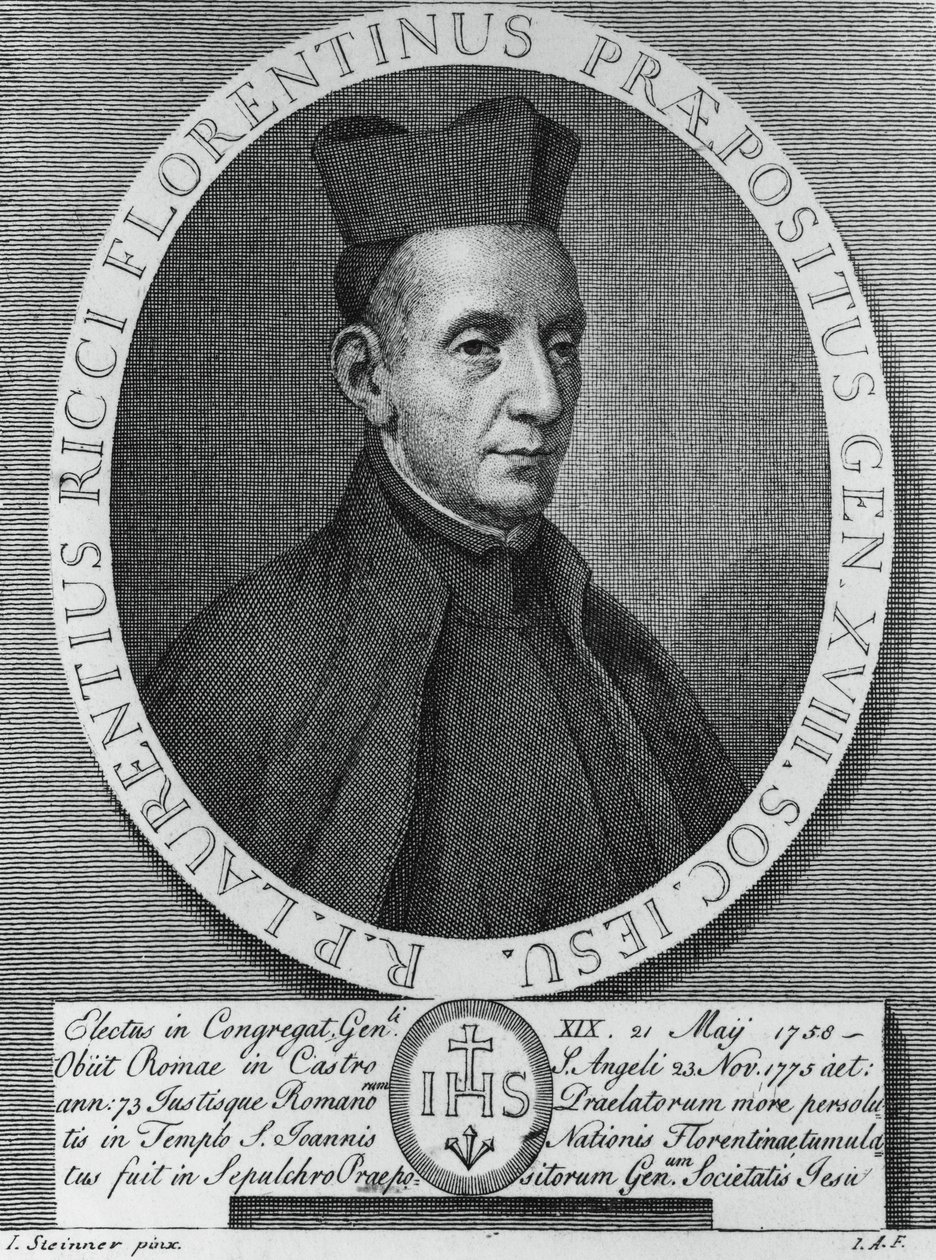 Portrét Lorenza Ricciho (1703-1775), italského jezuity a 18. generálního představeného Tovaryšstva Ježíšova, rytina od William M. Timlin