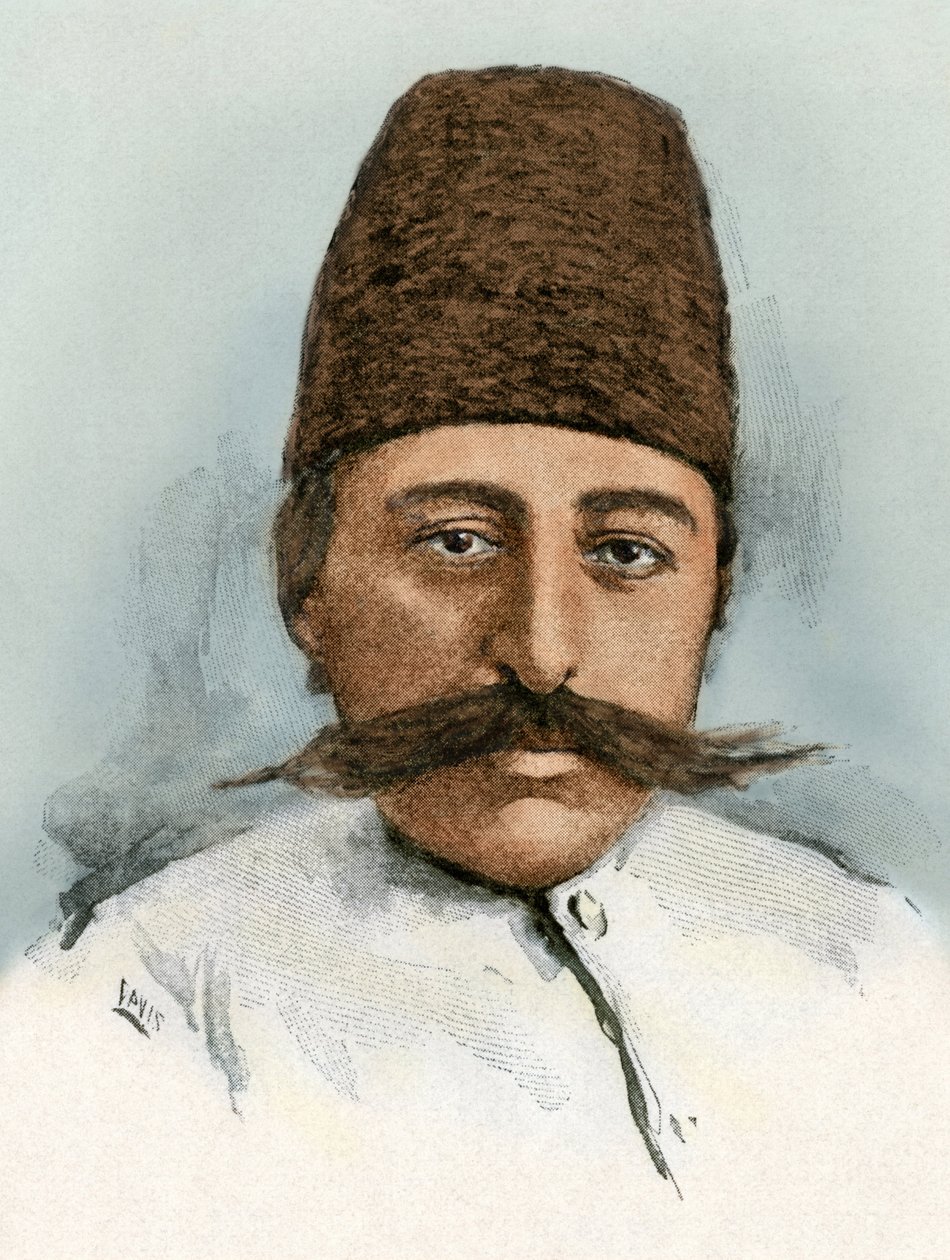 Portrét Mozaffara ad-dina (ad Dina) (Mozaffer ed dine, Mozaffer-ed-dine, Mozzafar-al-Din, Mozzafar al-Din, Mozaffaredin) (1853-1907), íránského šáha v letech 1896-1907. Barevná rytina z 19. století. od Unbekannter Künstler
