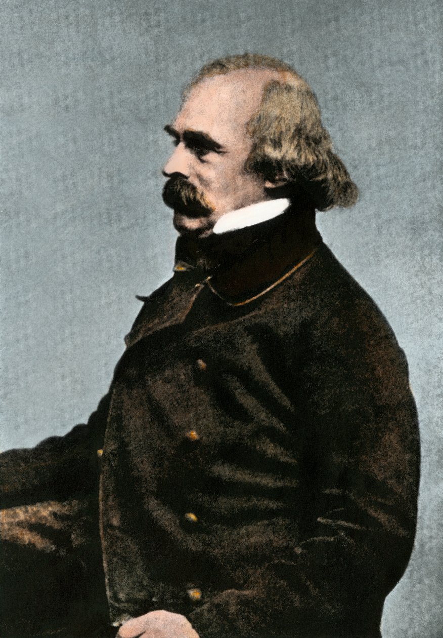 Portrét Nathaniela Hawthorna (1804-1864), amerického spisovatele, asi 1862 nebo 1863 - kolorovaná fotografie 19. století - (Nathaniel Hawthorne, asi 1862 nebo 1863 - ručně kolorovaná polotónová reprodukce fotografie pořízené v Bostonu) od Unbekannter Künstler