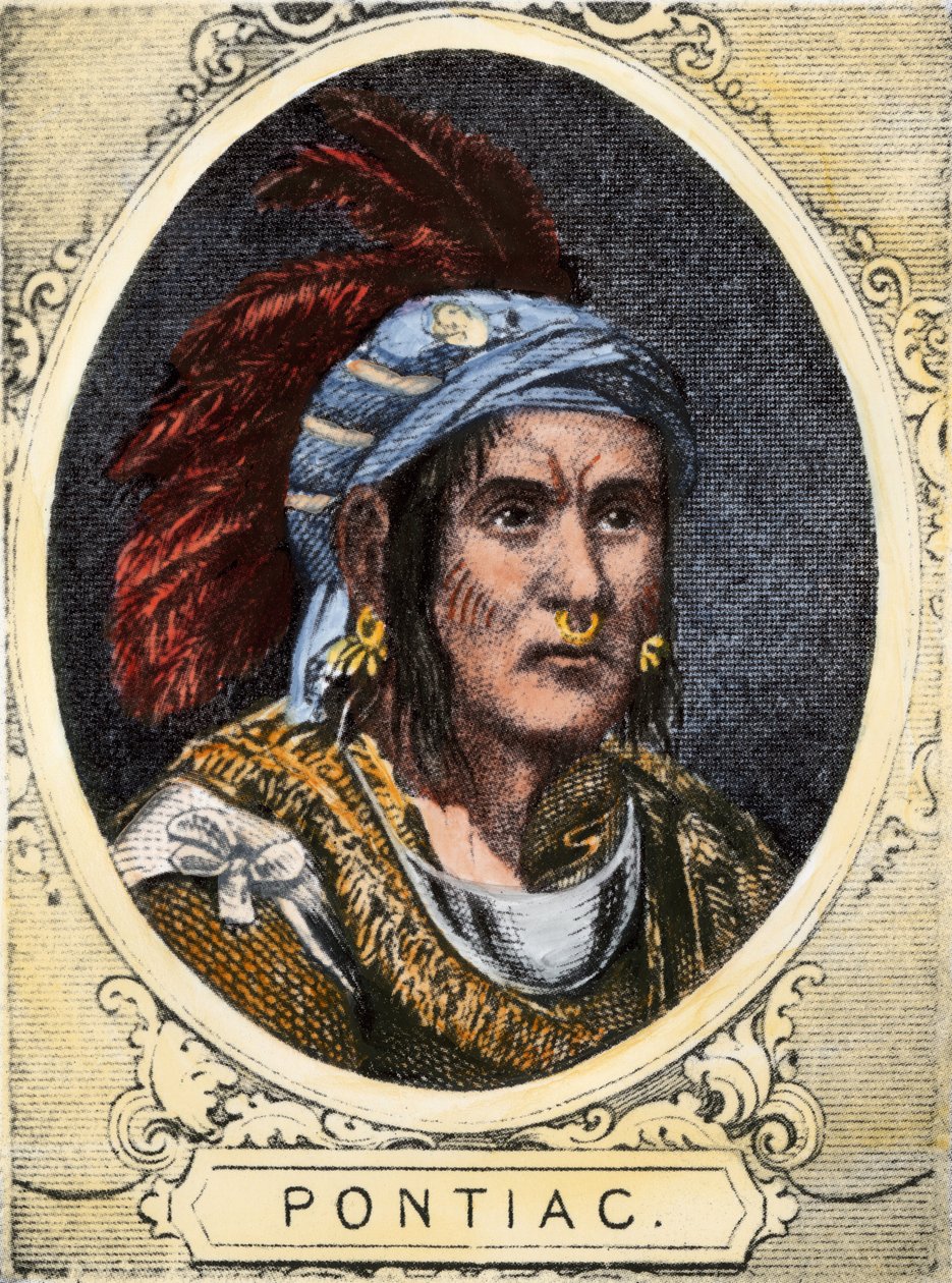 Portrét Pontiaca (nebo Obwandiyaga, asi 1714-1769), náčelníka indiánského kmene Outaouais v Detroitu (národ Ottawa). Barevná rytina z 19. století. od Unbekannter Künstler