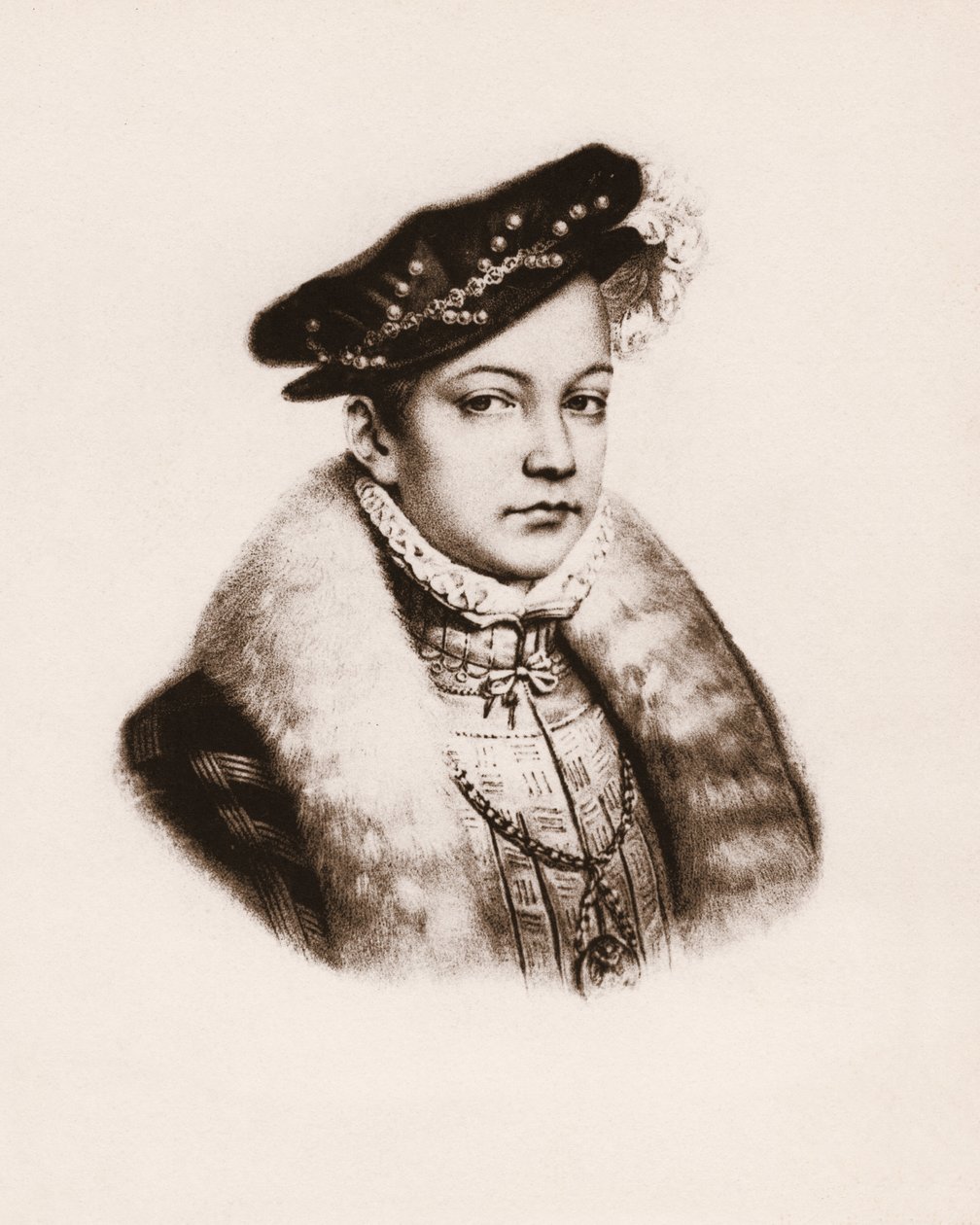 Portrét francouzského krále Francoise II (1544-1560) Rytina z 19. století od Unbekannter Künstler