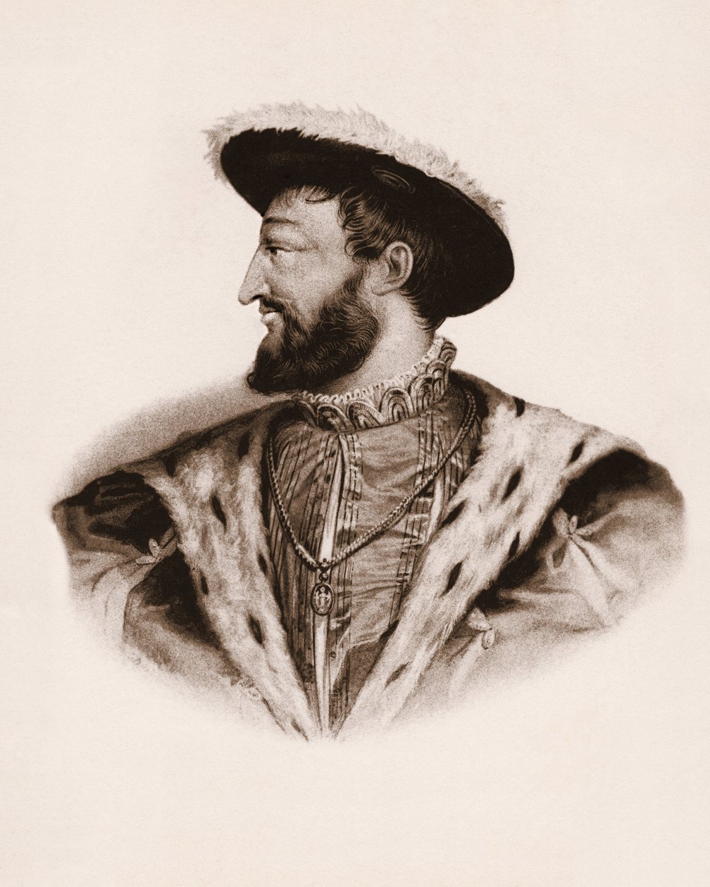 Portrét francouzského krále Francoise I. (1494-1547) Rytina z 19. století od Unbekannter Künstler