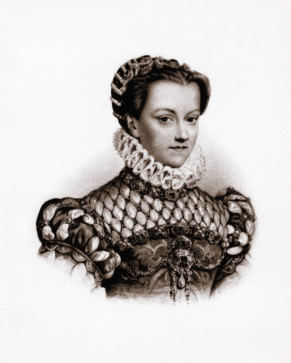 Portrét francouzské královny Alžběty Rakouské (1555-1592) Rytina z 19. století od Unbekannter Künstler