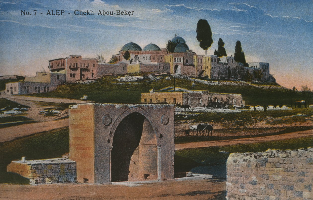 Pohlednice zobrazující mešitu Shaykh Abu Bakr v Aleppu, Sýrie, kolem roku 1920 (barevné fotolitho) od Unbekannt