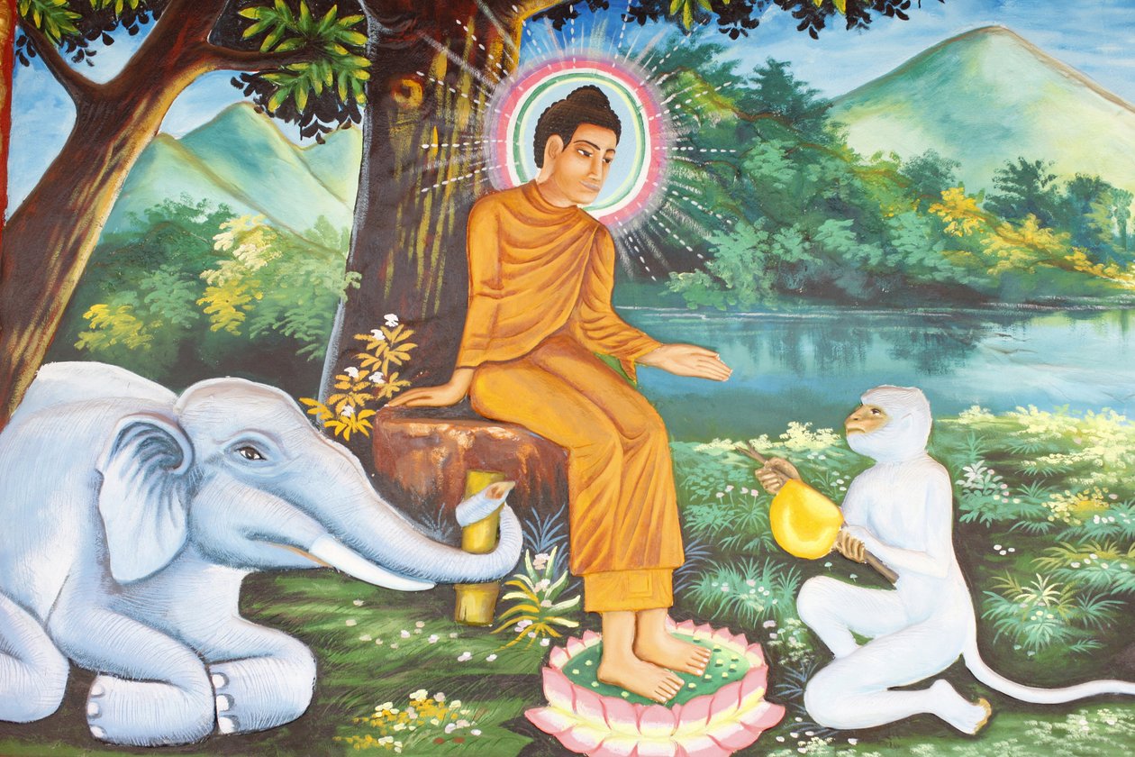 Klášter Preah Prom Rath Život Buddhy Siddhartha Gautama s oddaným slonem a opicí, Siem Reap, Kambodža od Unbekannt