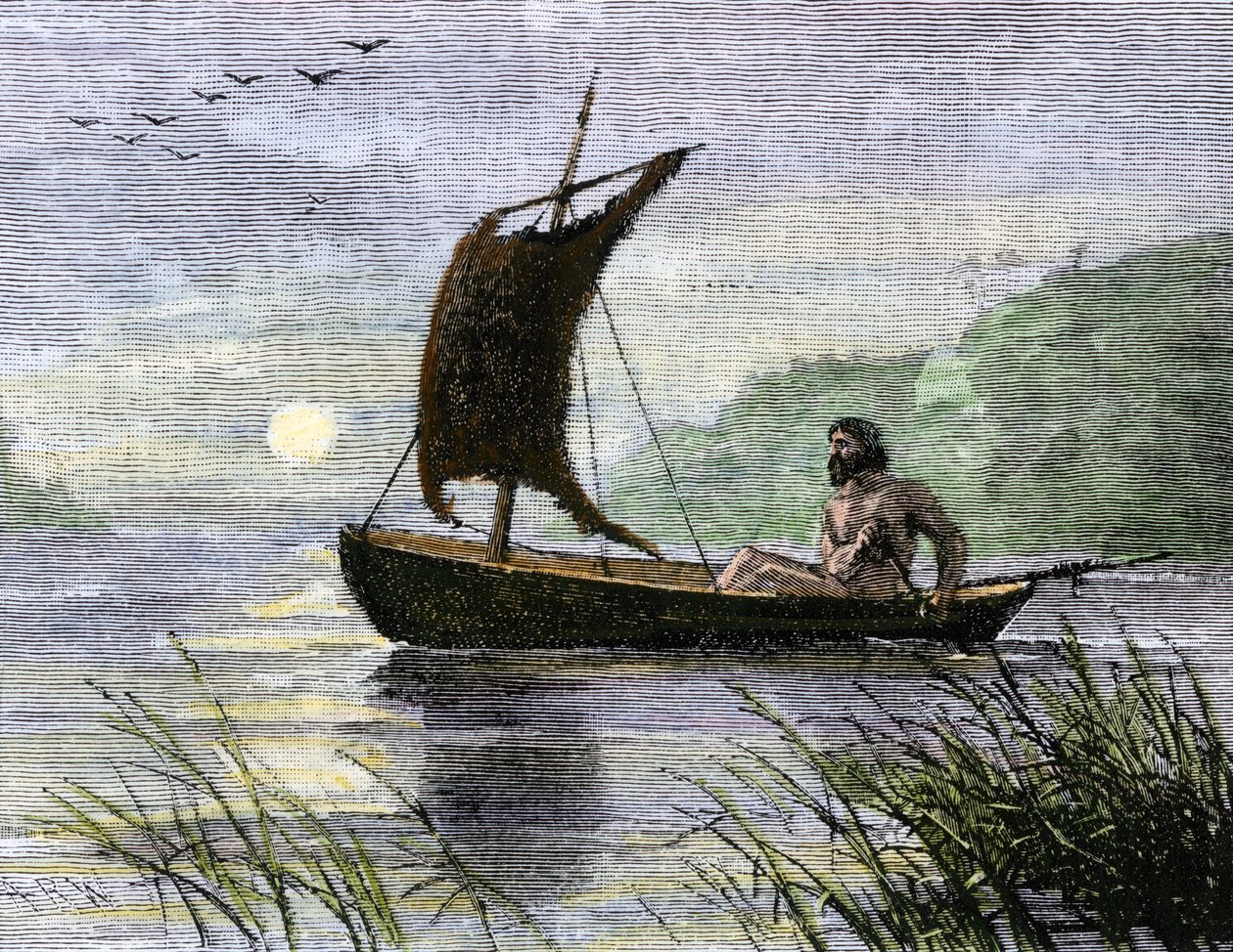 Prehistorická navigace, veslování na kánoi s plachtou ze zvířecí kůže. od Unbekannter Künstler