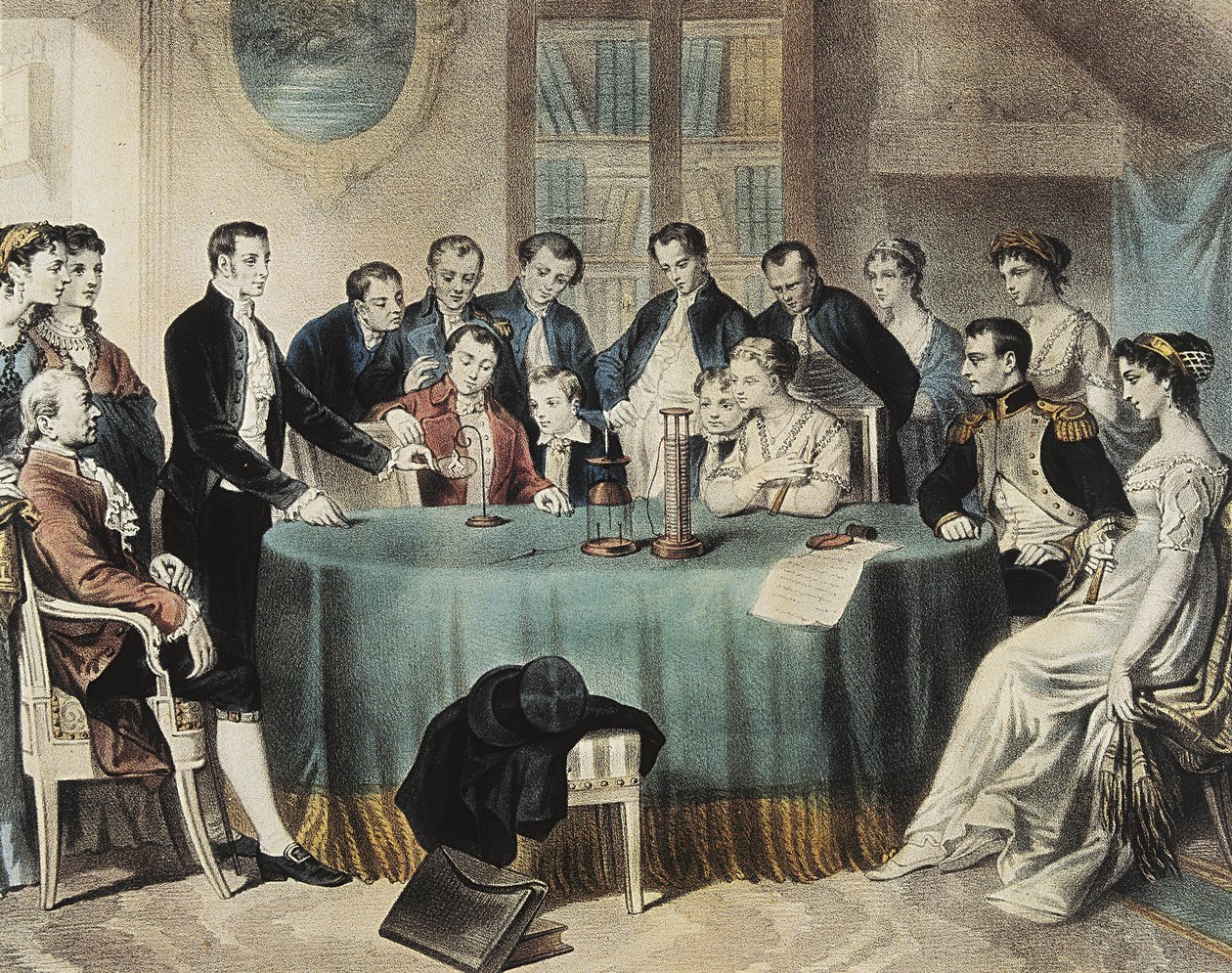 Voltova prezentace pokusů s elektrickou baterií prvnímu konzulovi Napoleonu Bonapartovi v roce 1801 (rytina) od Unbekannter Künstler
