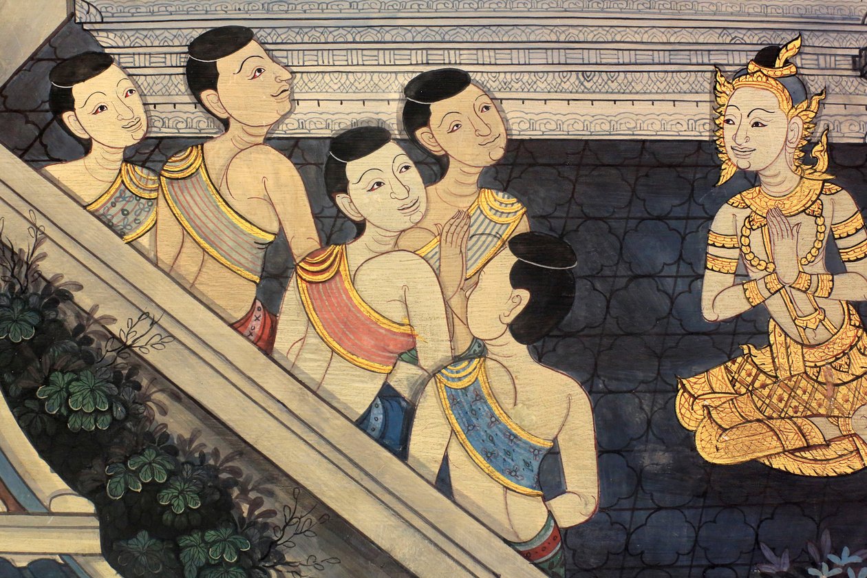 Princ Ráma. Detail nástěnné malby na vnitřních stěnách Vihary z doby krále Rámy III zobrazující Rámakien. Wat Pho - Wat Phra Chetuphon. 1788. Bangkok. Thajsko od Unbekannt