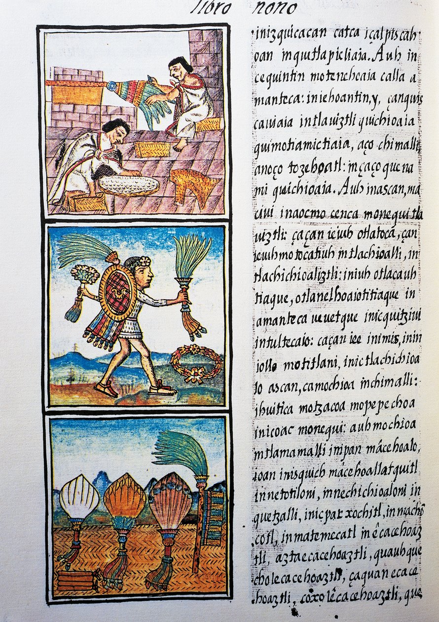 Zpracování peří, text v nahuati, z faksimile rukopisu Obecná historie věcí Nového Španělska, také známý jako Florentský kodex, od Bernardina de Sahagun od William M. Timlin