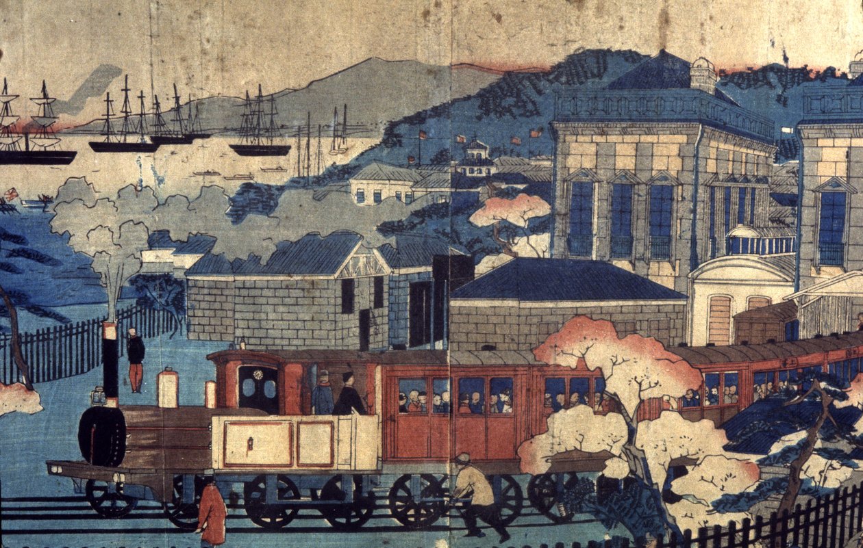 Železnice v japonském přístavu, konec 19. století (rytina) od Unbekannter Künstler