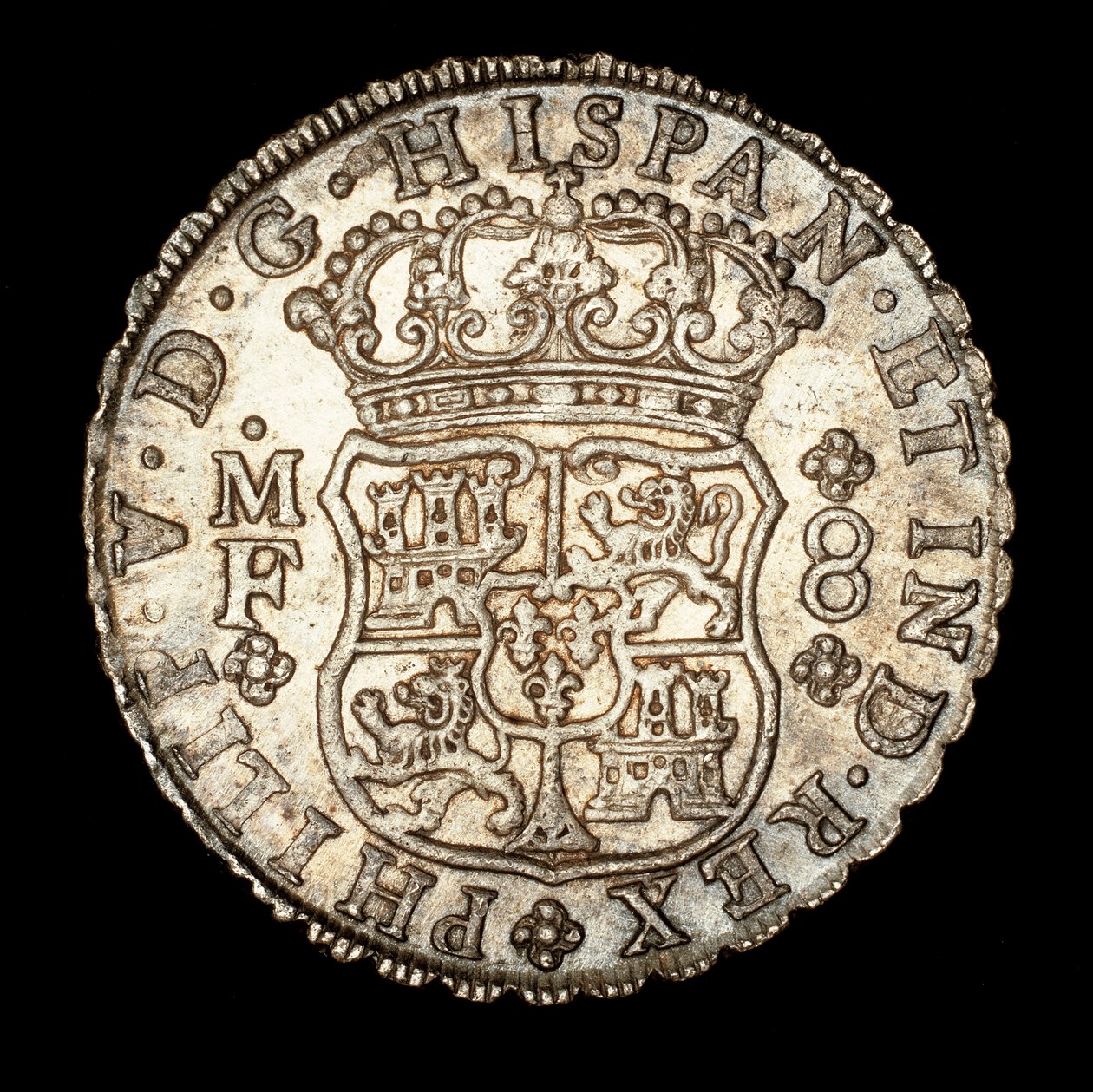Vzácná stříbrná mince, Španělská Amerika, král Ferdinand VI, 8 Reale, korunovaný štít se španělskými znaky 1740 (foto) od Unbekannter Künstler