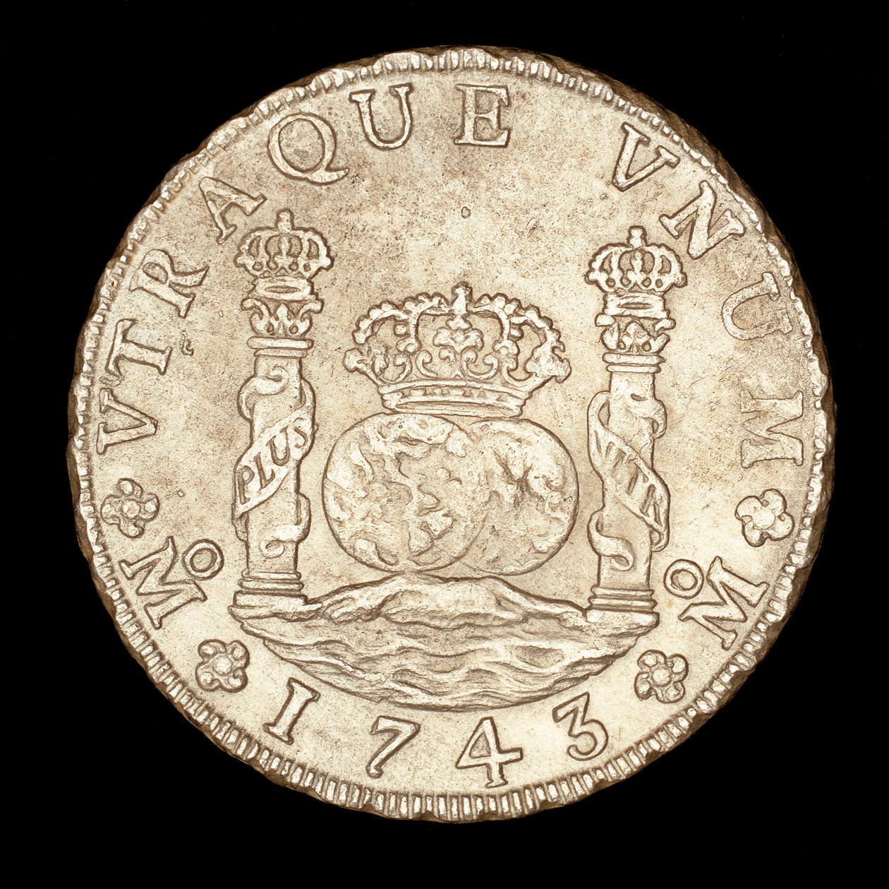 Vzácná stříbrná mince, Španělská Amerika, král Ferdinand VI, 8 Reale, Herkulovy sloupy na Gibraltské úžině s glóby, koruna od Unbekannter Künstler