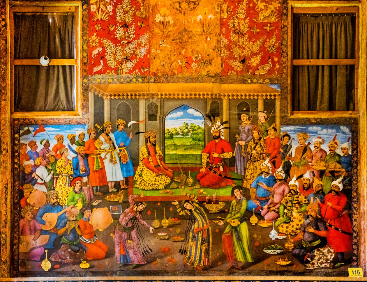 Přijetí mughalského vládce Humayuna 1544, fresky s dvorskými výjevy a bitevními scénami, palác Chehel Sotoun, Isfahán, Isfahán, Írán, Asie (foto) od Unbekannter Künstler