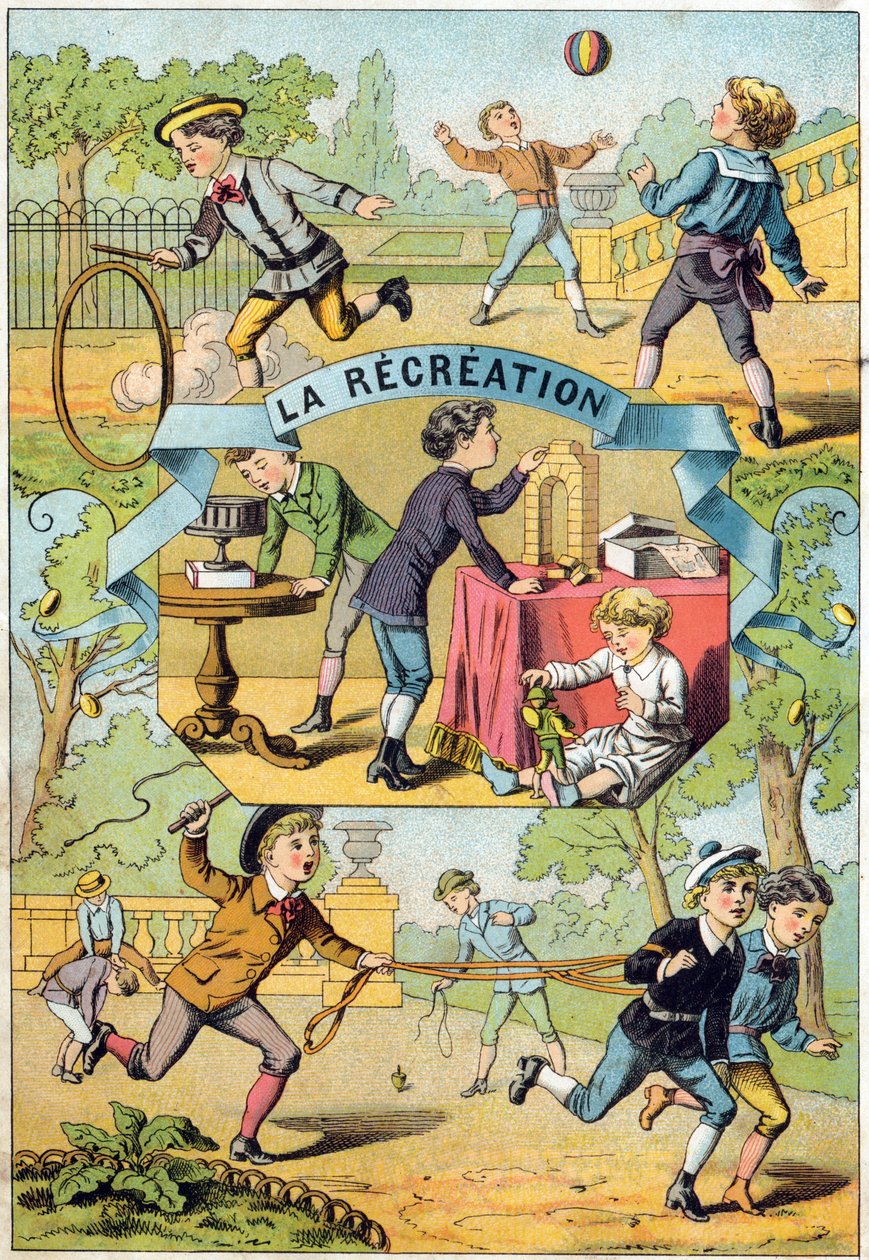Rekreace na školním dvoře. Rytina v "Alphabet des petits ecoliers". Imaging of Epinal, circa 1885. Privee Collection od Unbekannt