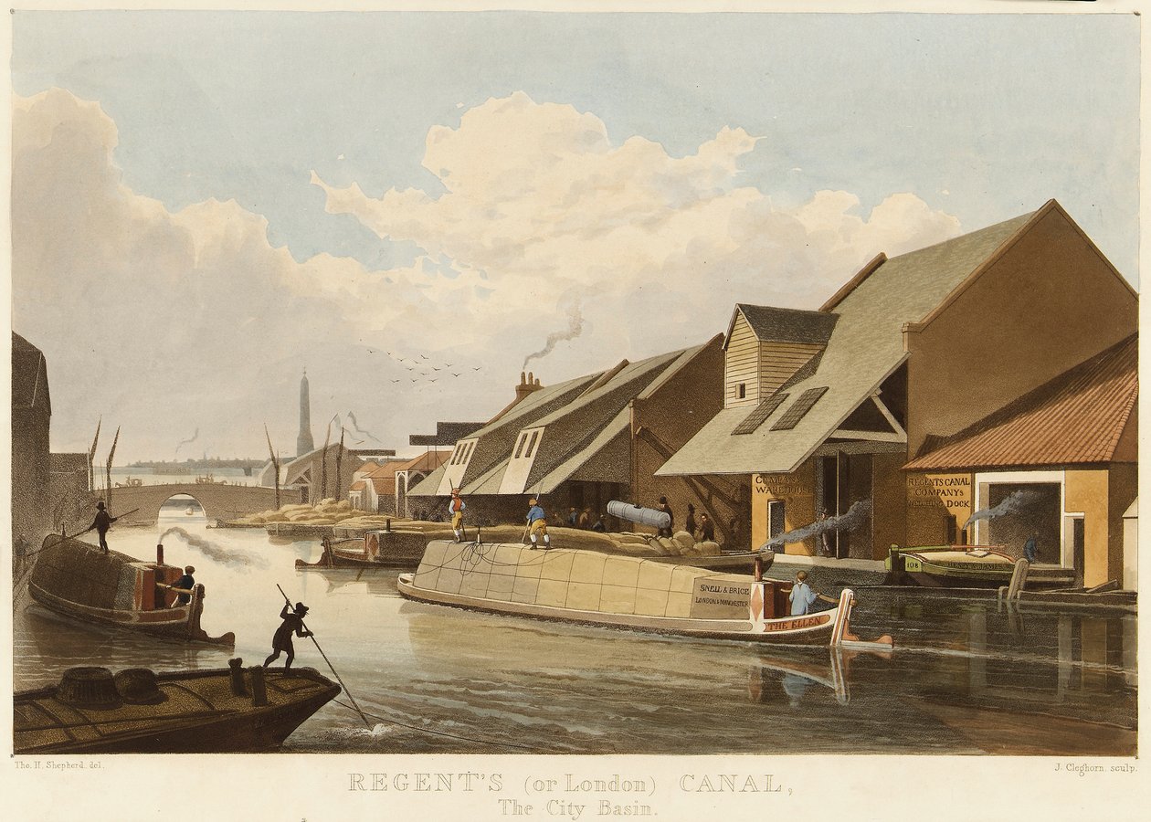 Regentův kanál (nebo Londýnský kanál) (Anglie) a Islington City Basin, nejdůležitější dopravní centrum na kanálu, popsané skladišti a nakládacími doky pro zboží. od Unbekannter Künstler