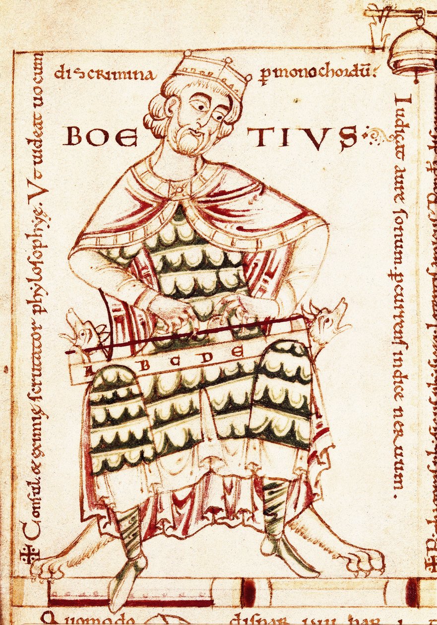 Reprezentace latinského filozofa Boece (Anicius Manlius Severinus Boetius nebo Boethius) (480-524) držící hudební nástroj (hudební studie). Miniatura z canterburského rukopisu. od Unbekannt