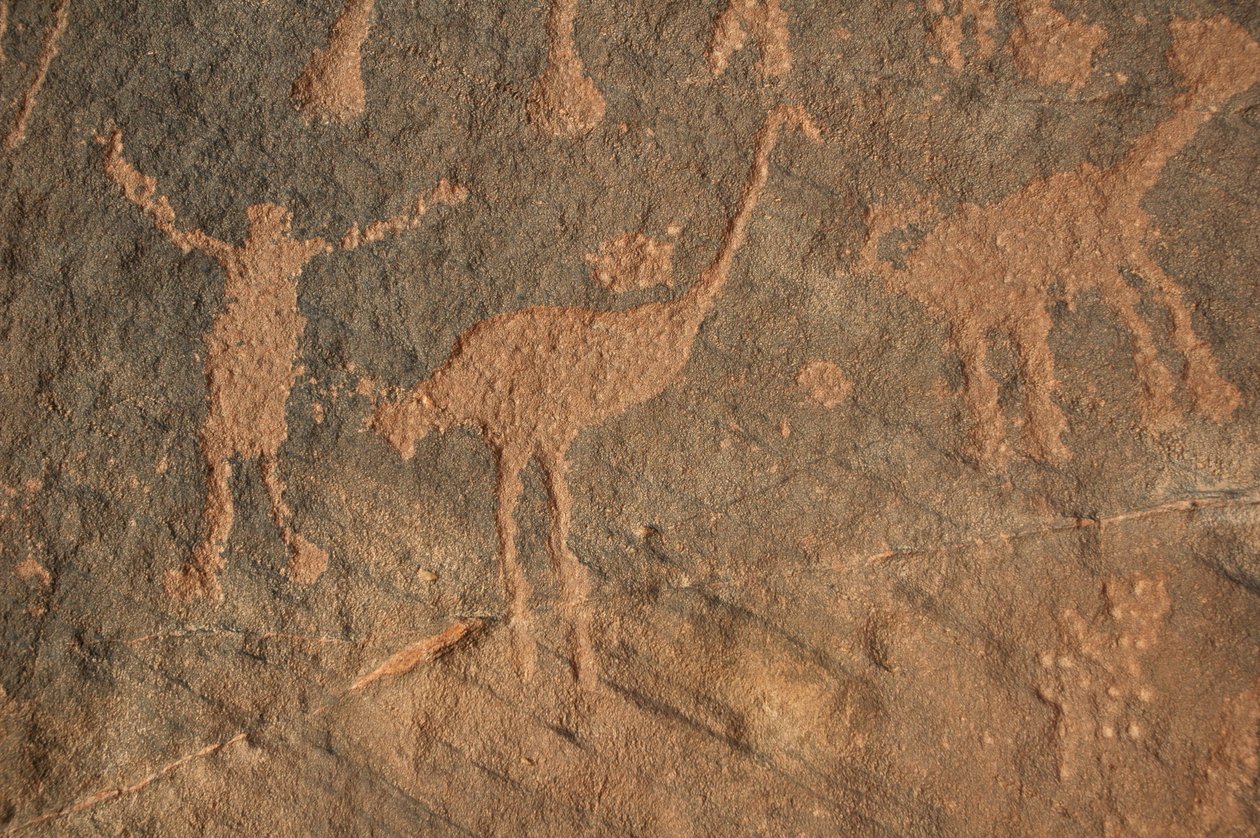 Skalní umění, Prehistorie: Rytina postavy a pštrosů v masivu Uweinat, Súdán (Karkur-Talh nebo Karkur Talh). Období od 8000 do 3000 let před naším letopočtem. Fotografování od Unbekannt