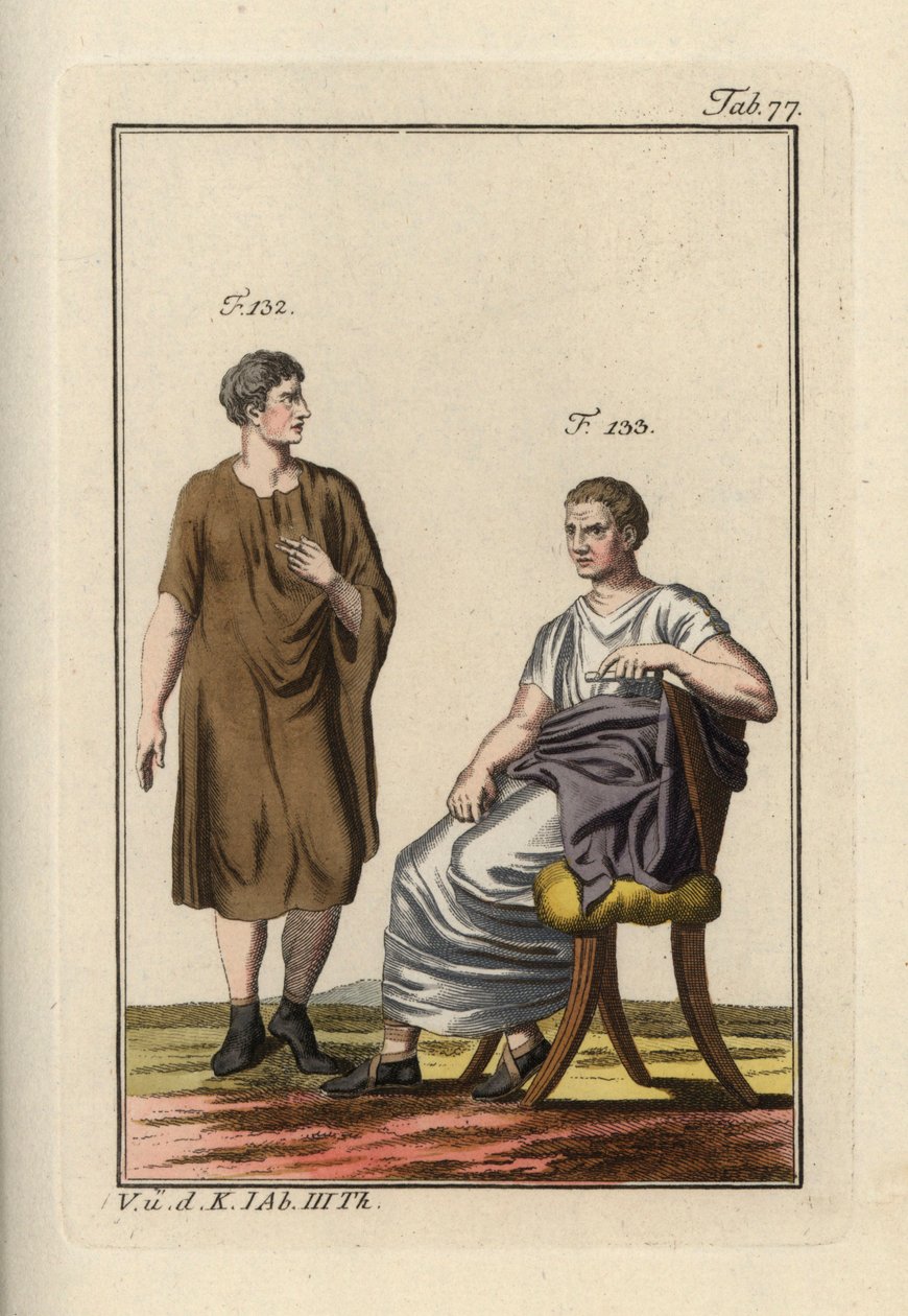 Říman v paenule a sedící římský senátor. Ručně kolorovaná mědirytina z knihy Roberta von Spalarta "Historický obraz kostýmů hlavních lidí starověku a středověku" (1798). od Unbekannter Künstler