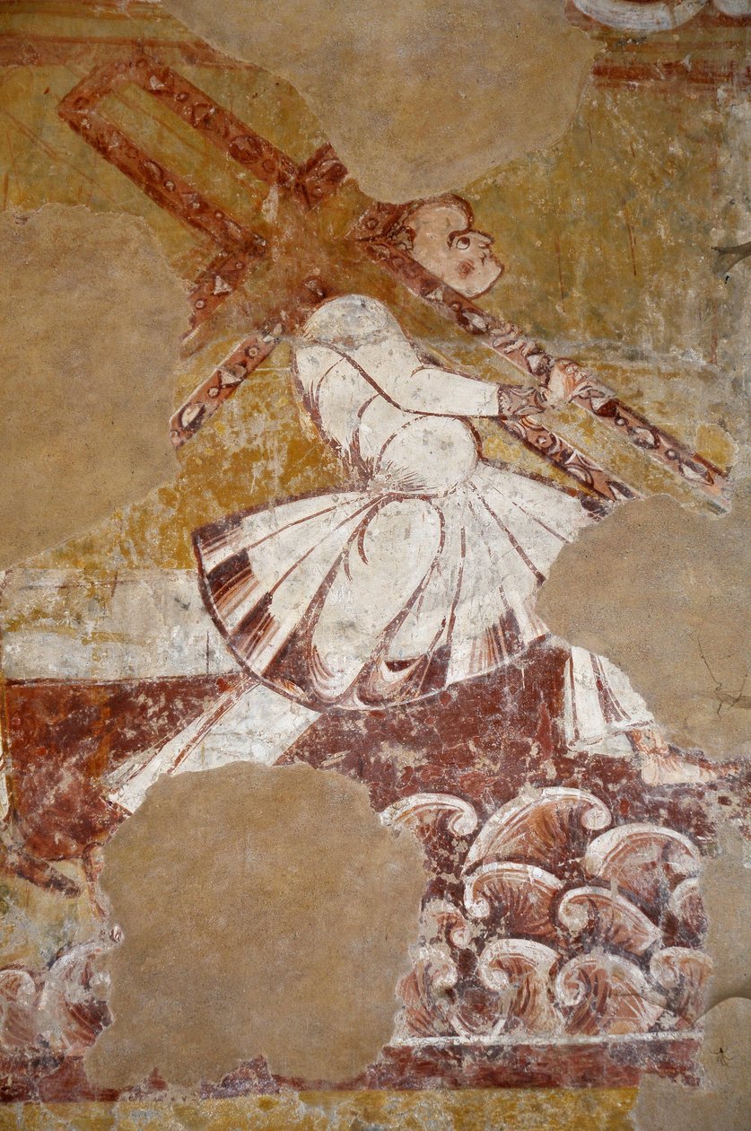 Románské umění: Šimon z Cypře nese Kristův kříž. Detail fresky na chóru "La vie du Christ" (13. století) z kostela svatého Martina (Saint Martin). od Unbekannter Künstler