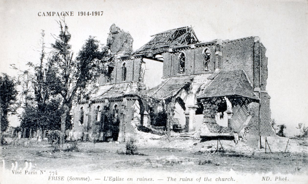 Ruiny kostela ve vesnici Frise, Somme, Francie 1914-1918 (pohlednice) od Unbekannter Künstler