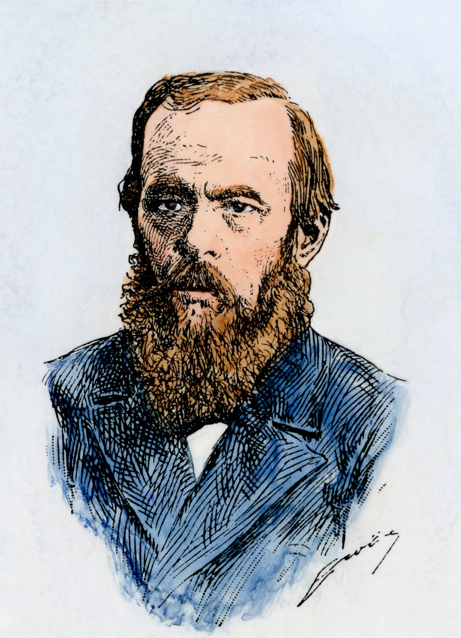 Ruský spisovatel Fjodor Dostojevskij (1821-1881). Ručně kolorovaný dřevoryt ilustrace z 19. století od Unbekannter Künstler
